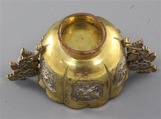 A Sawasa or Tonkin ware gilt copper two handled cup, first half 18th century, width 9cm height 4.8cm